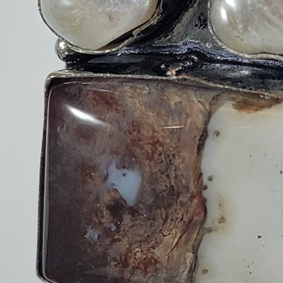 Handmade Silver Pendant With Fossil Coral, Pearl & Rare Petrified Wood Gemstones - Picture 5 of 10